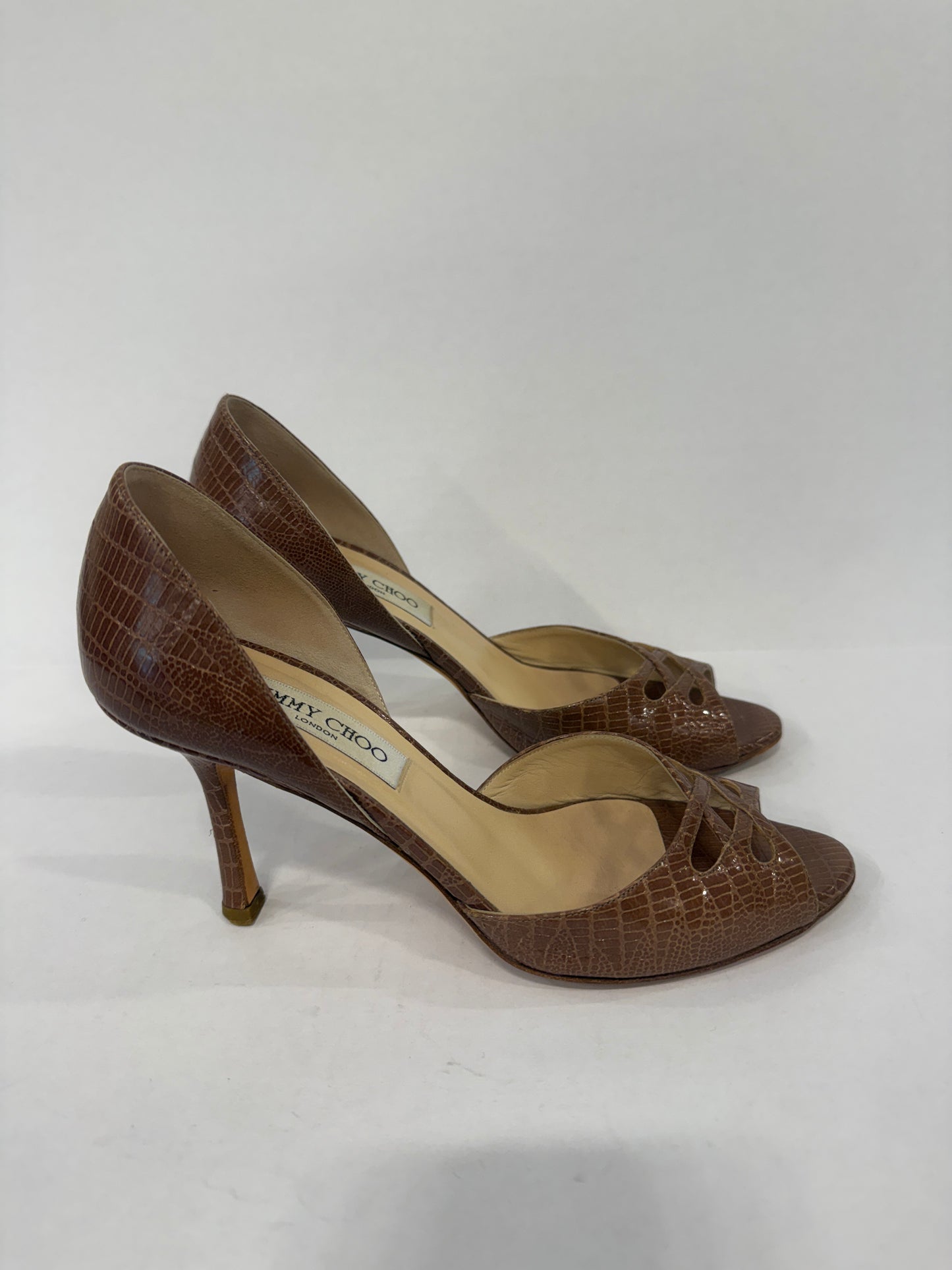 JIMMY CHOO Snakeskin Peep-toe Pump / US7-EU37.5