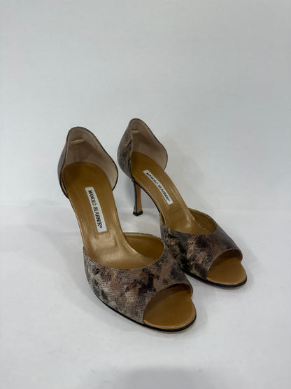 MANOLO BLAHNIK Python Leather Peep-Toe Pump / US7-EU37.5