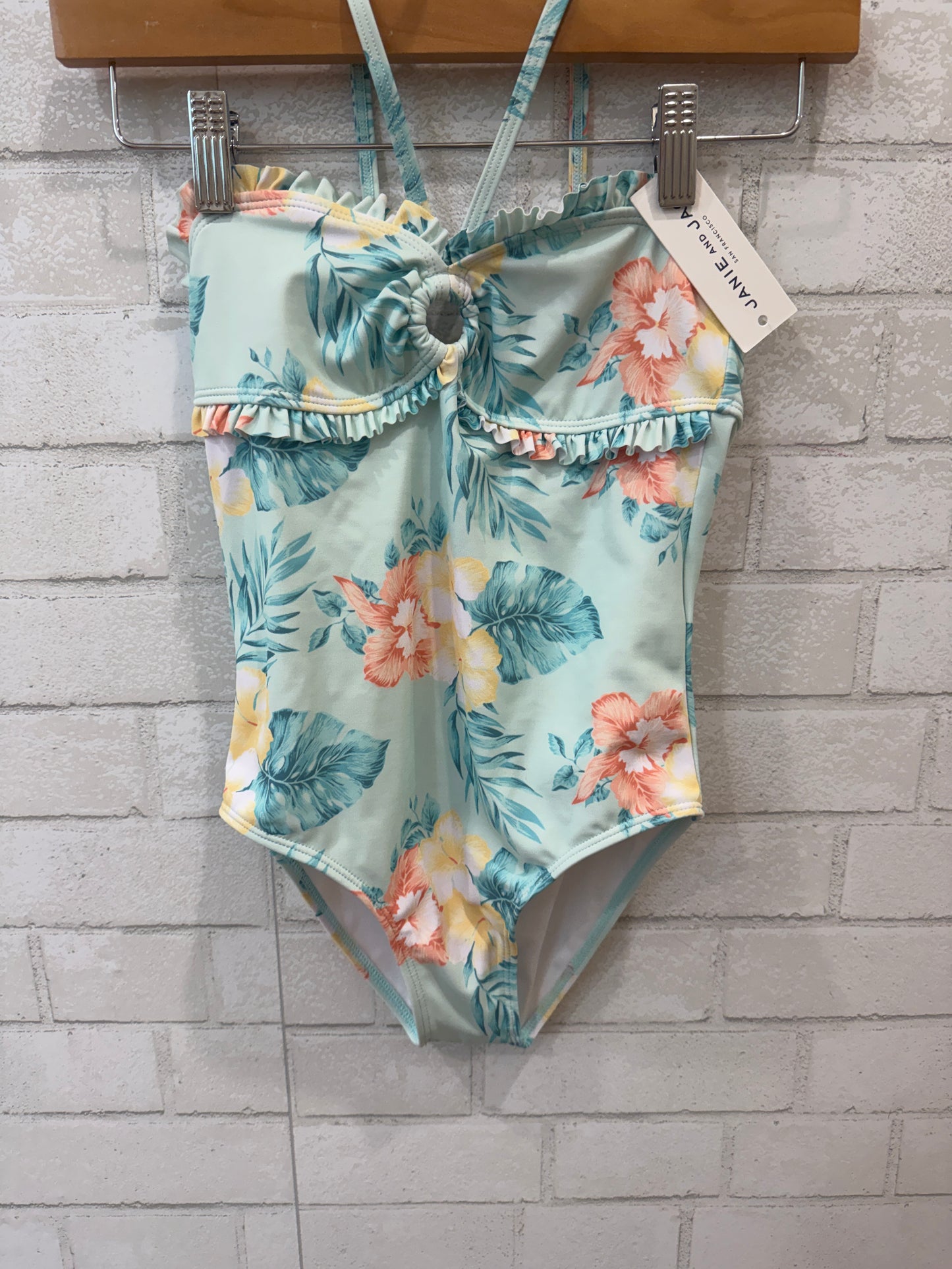JANIE AND JACK NWT Ruffle Neckline Flower Print Swimsuit/8Y