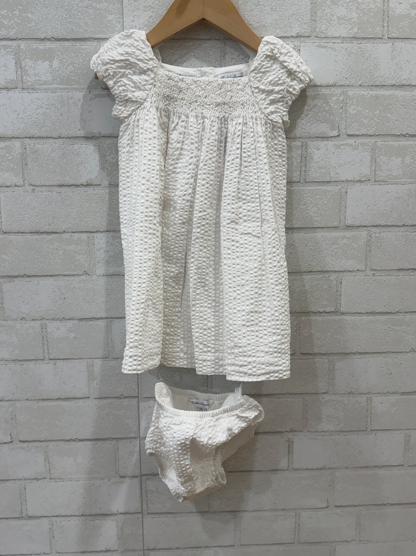 RALPH LAUREN Cotton Sleeveless Smocked Dress+Pantie/12M