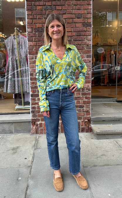 GUCCI Vintage Horsebit Chain Print Stretch Jersey Blouse in Chartreuse — Authentic Pre-Owned | Tom Ford Era | L