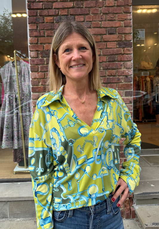 GUCCI Vintage Horsebit Chain Print Stretch Jersey Blouse in Chartreuse — Authentic Pre-Owned | Tom Ford Era | L