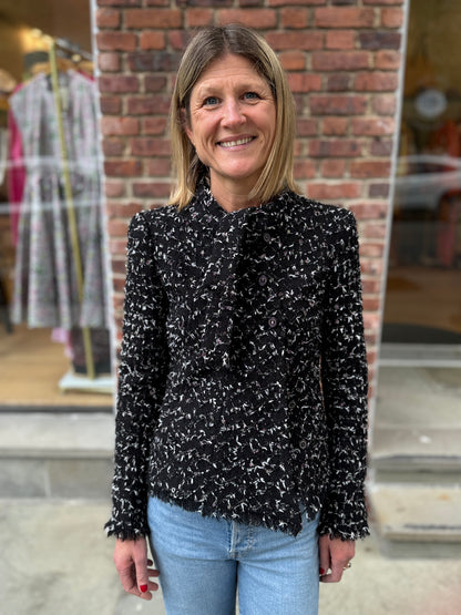 CHANEL Karl Lagerfeld Black Multicolor Bouclé Tweed Jacket with Fringe Trim — Authentic Pre-Owned | FR36 / US4