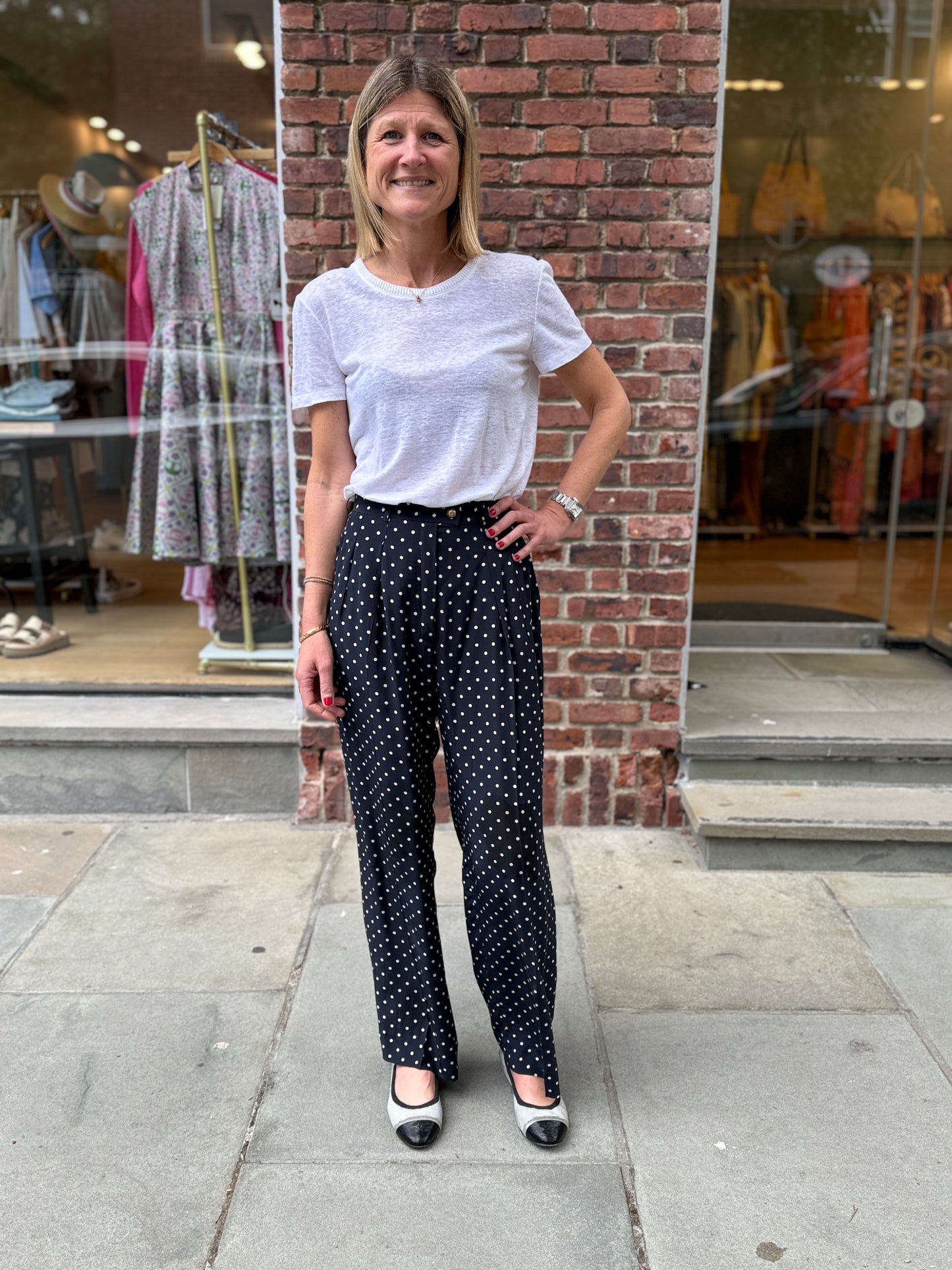 CHANEL Silk Polka Dot Pleated Wide-Leg Trousers in Navy — Authentic Pre-Owned | Karl Lagerfeld | Size XS