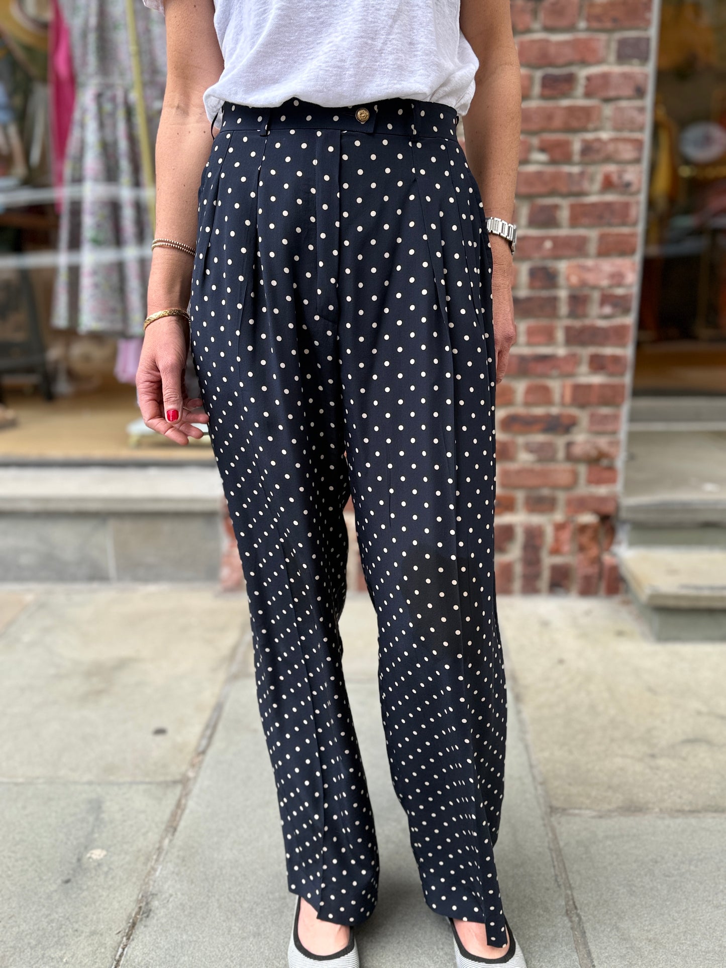 CHANEL Silk Polka Dot Pleated Wide-Leg Trousers in Navy — Authentic Pre-Owned | Karl Lagerfeld | Size XS