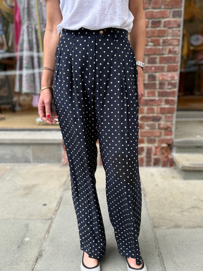 CHANEL Silk Polka Dot Pleated Wide-Leg Trousers in Navy — Authentic Pre-Owned | Karl Lagerfeld | Size XS