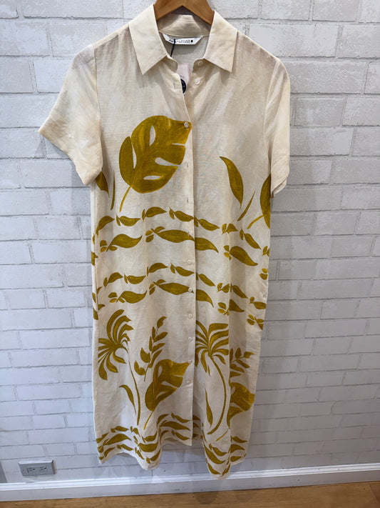 ZARA NWT Linen SS Printed Midi Shirt Dress / S