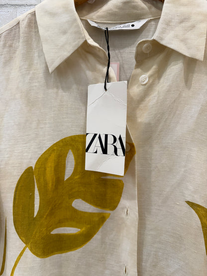 ZARA NWT Linen SS Printed Midi Shirt Dress / S