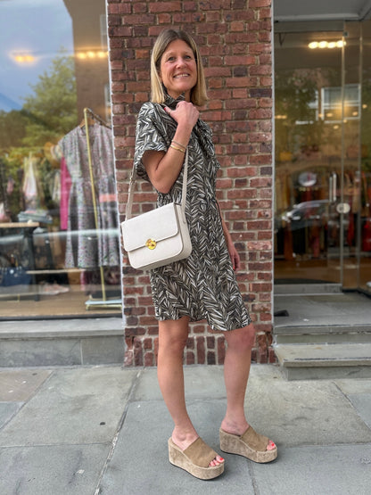 BRUNELLO CUCINELLI Silk Shirt Dress with Drawstring Waist in Tonal Leaf Print — Authentic Pre-Owned | Quiet Luxury | XS