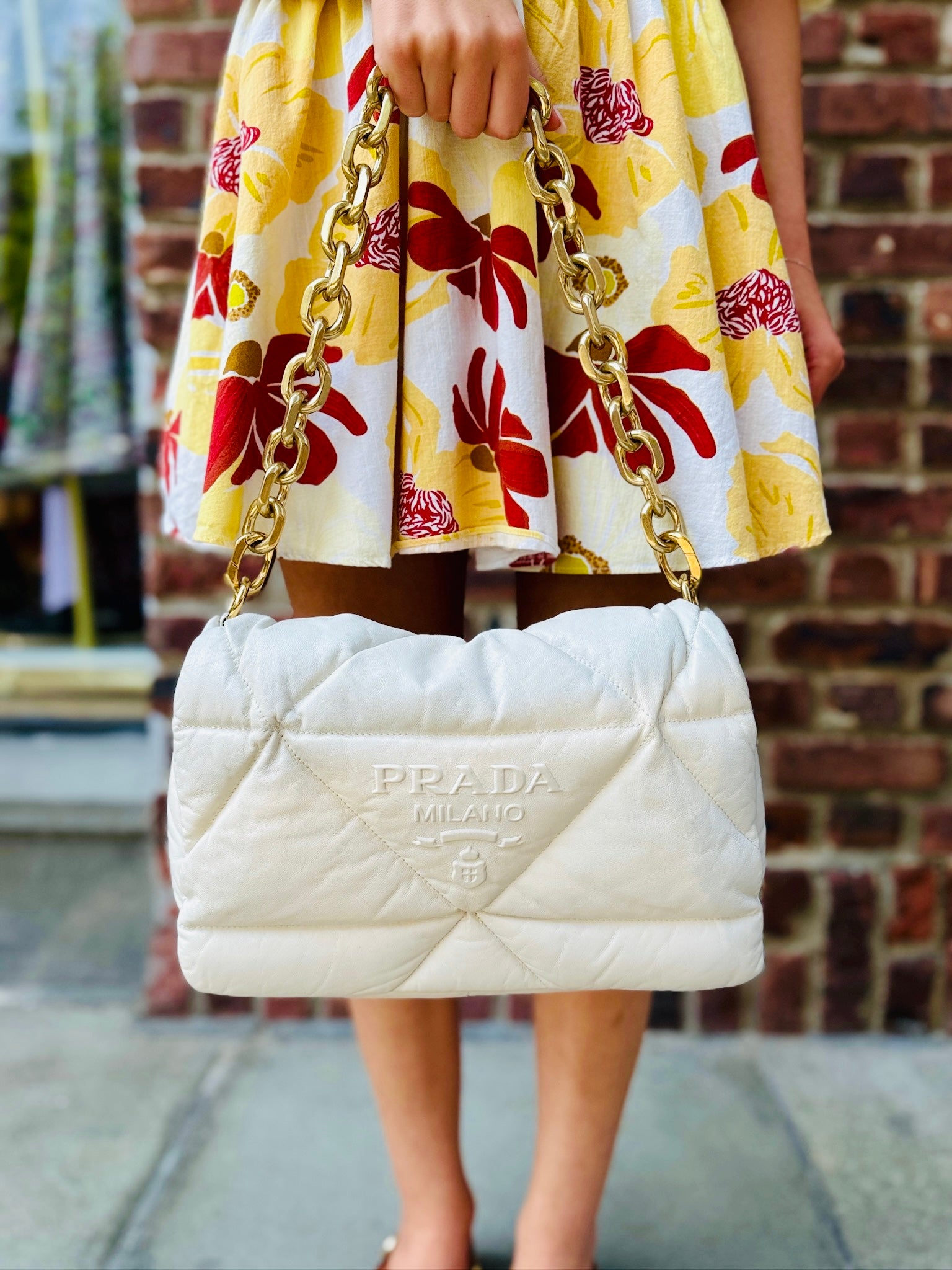 Prada Padded Nappa leather shoulder bag white bianco gold chain front view