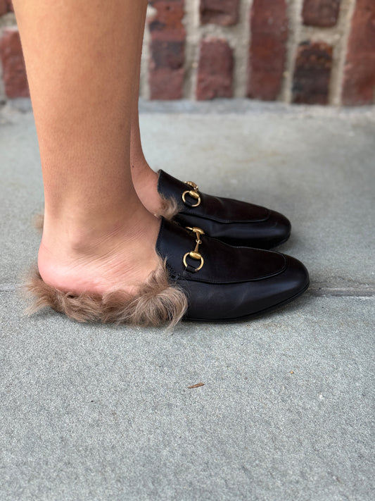 GUCCI Leather Princetown Shearing Loafers Mules/US6-EU36