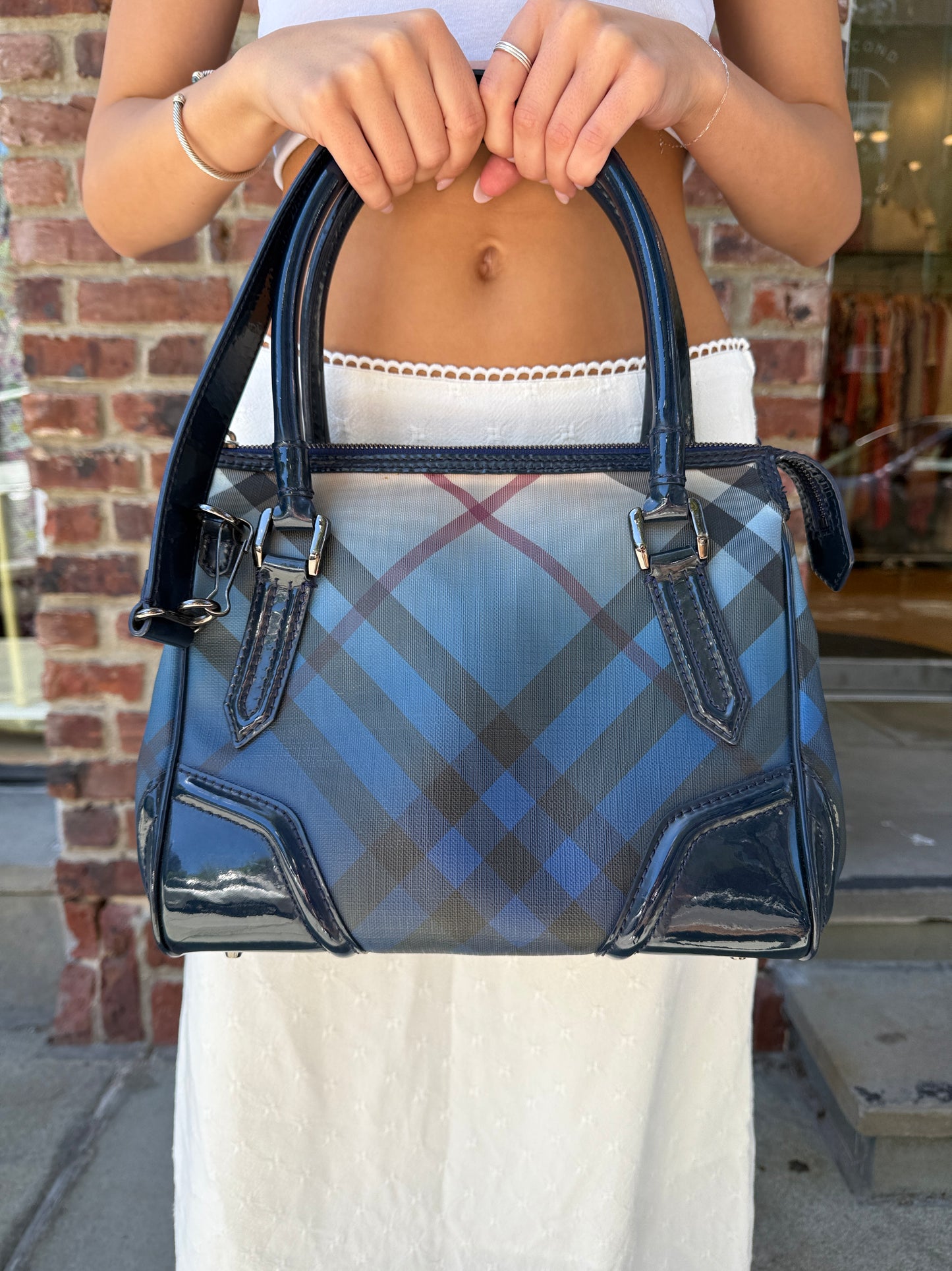 Burberry Blue Label Check Print Coated Canvas Backpack with Patent Leather Trim
