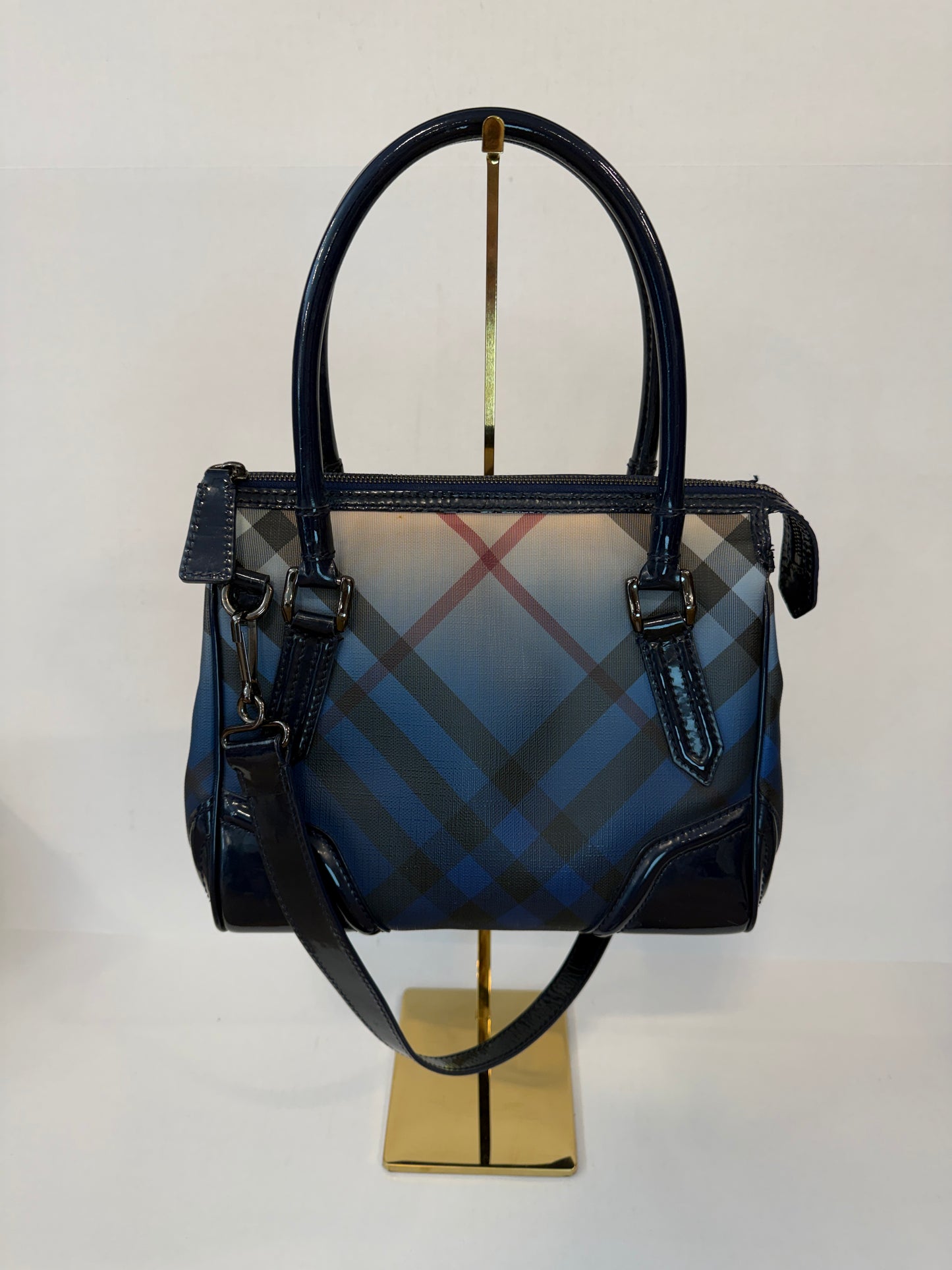 Burberry Blue Label Check Print Coated Canvas Backpack with Patent Leather Trim