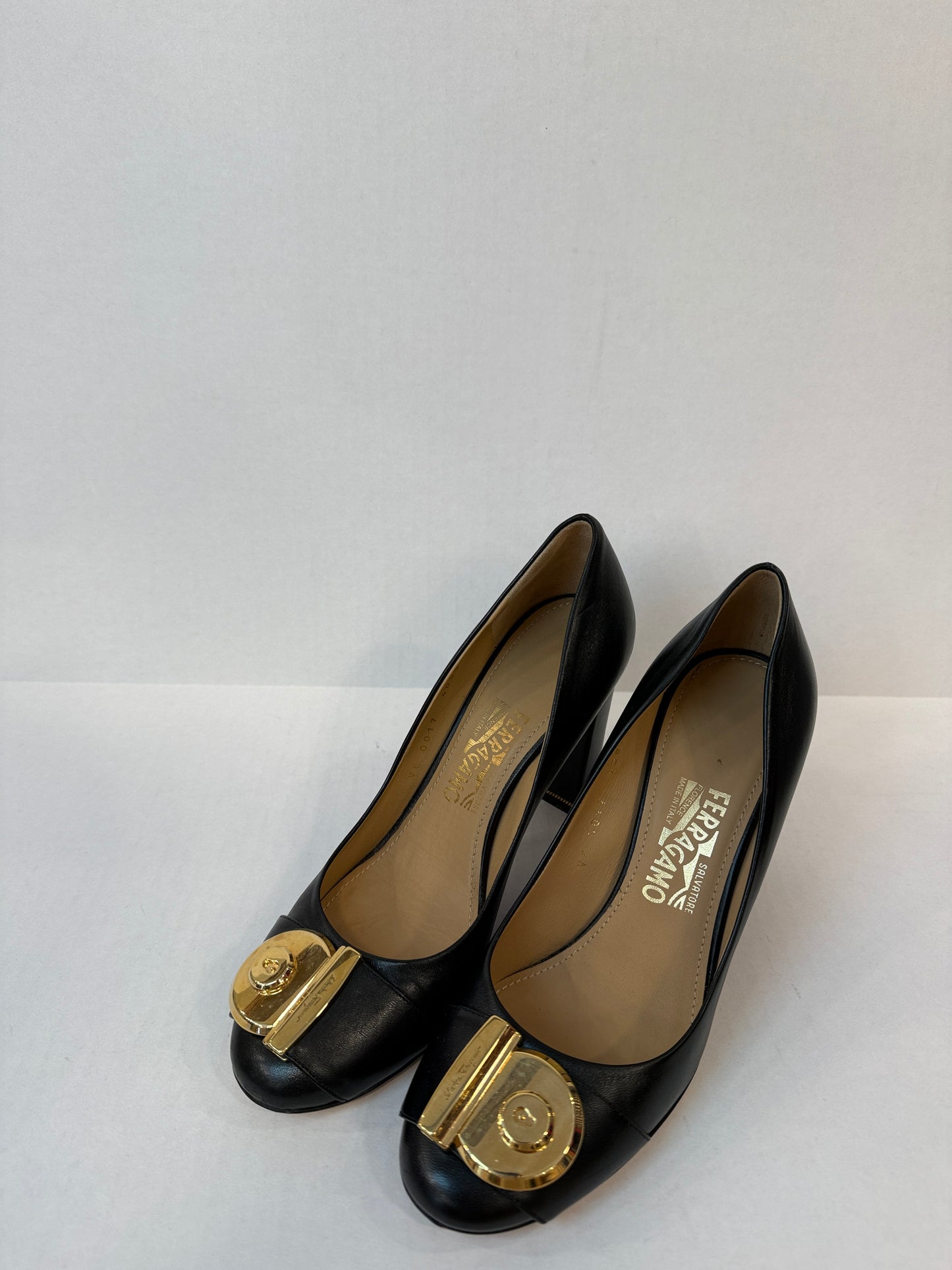FERRAGAMO Lamb Leather Fiamma Block H Heels Pump/ US7-EU37.5