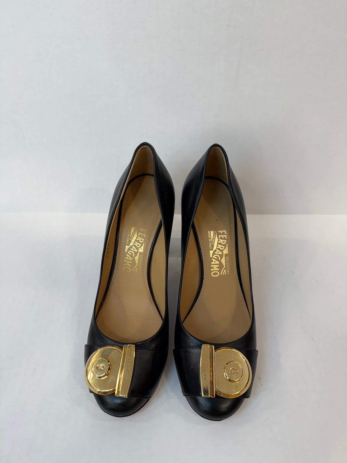 FERRAGAMO Lamb Leather Fiamma Block H Heels Pump/ US7-EU37.5
