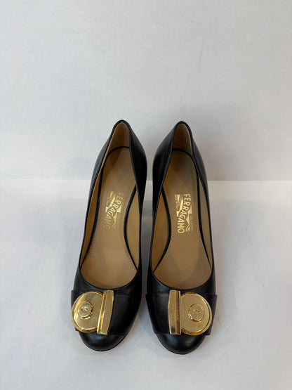 FERRAGAMO Lamb Leather Fiamma Block H Heels Pump/ US7-EU37.5