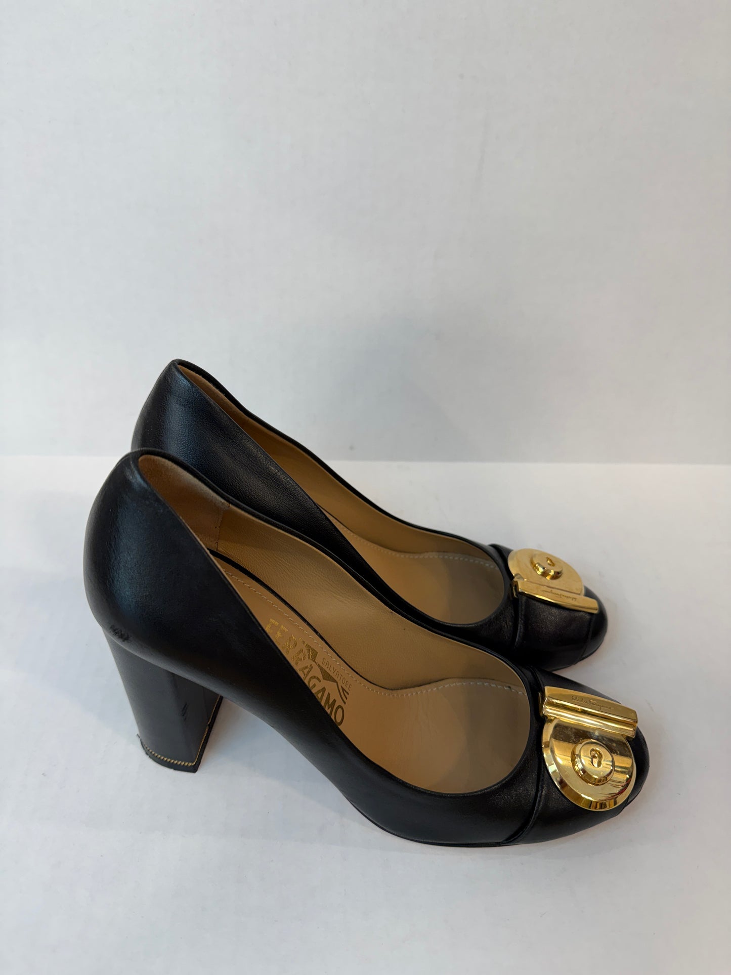 FERRAGAMO Lamb Leather Fiamma Block H Heels Pump/ US7-EU37.5
