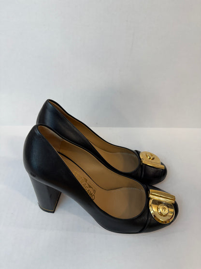 FERRAGAMO Lamb Leather Fiamma Block H Heels Pump/ US7-EU37.5