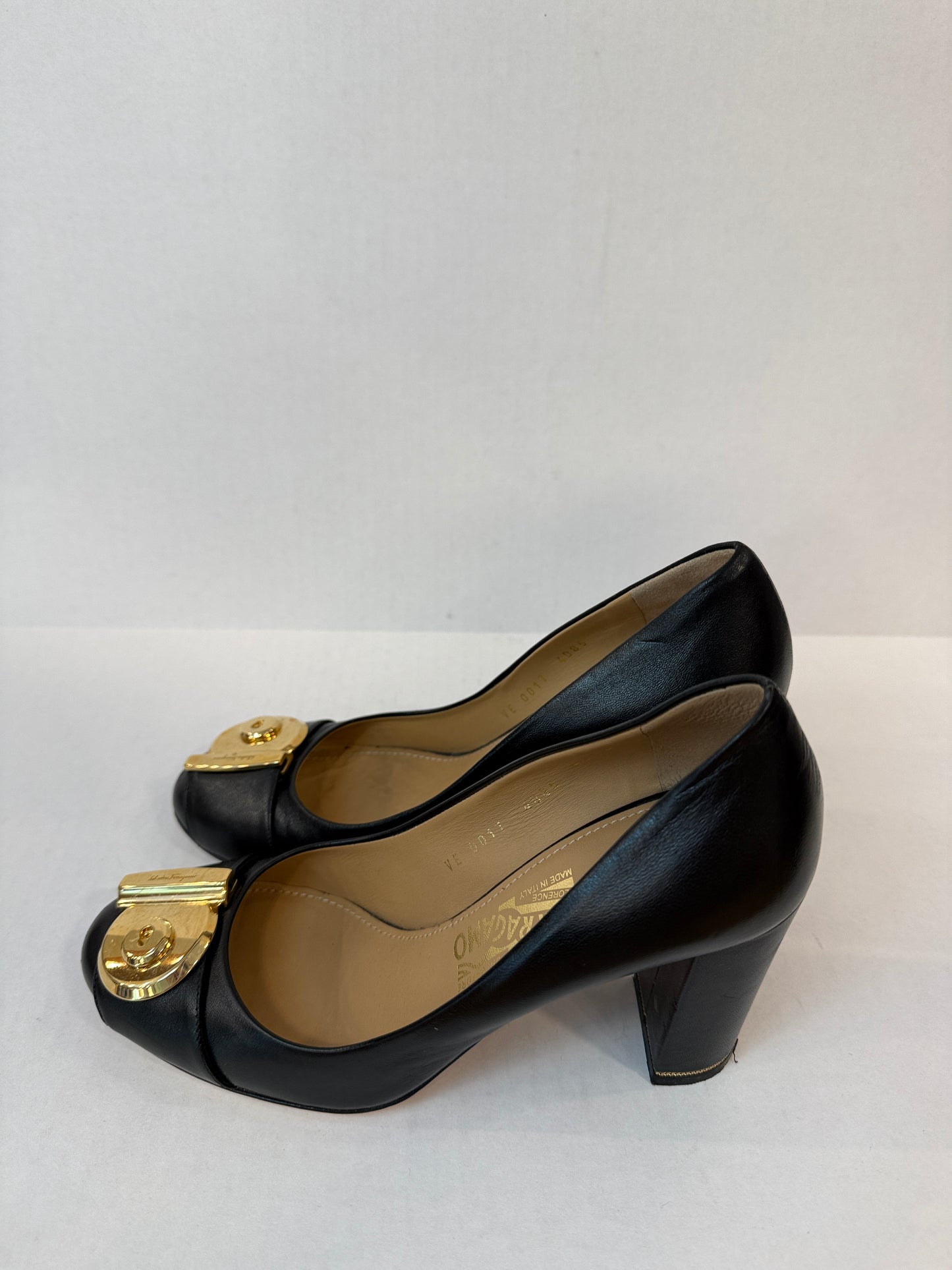 FERRAGAMO Lamb Leather Fiamma Block H Heels Pump/ US7-EU37.5