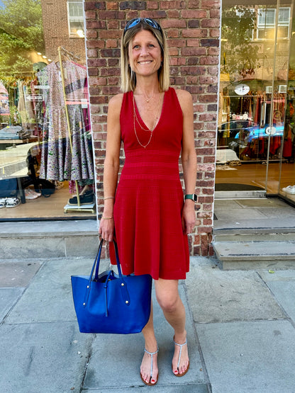 Missoni red textured knit fit-and-flare dress worn on model street style Second Edition Scarsdale