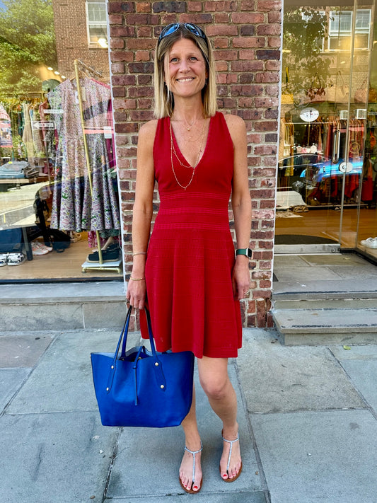 Missoni red textured knit fit-and-flare dress worn on model street style Second Edition Scarsdale