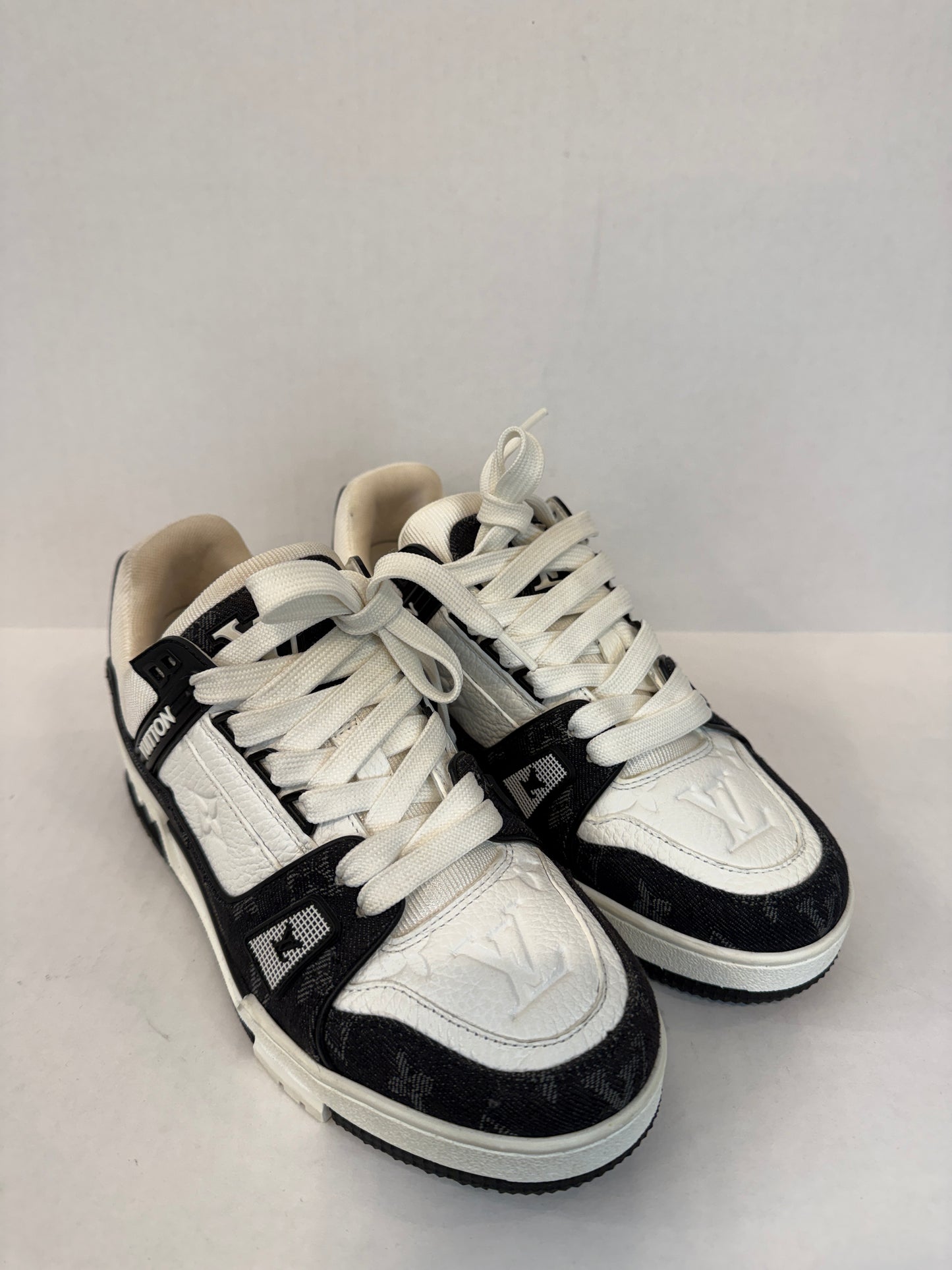 LOUIS VUITTON  LV Trainer Sneakers in White Leather & Black Monogram Denim — Authentic Pre-Owned | Virgil Abloh | US7-EU37.5
