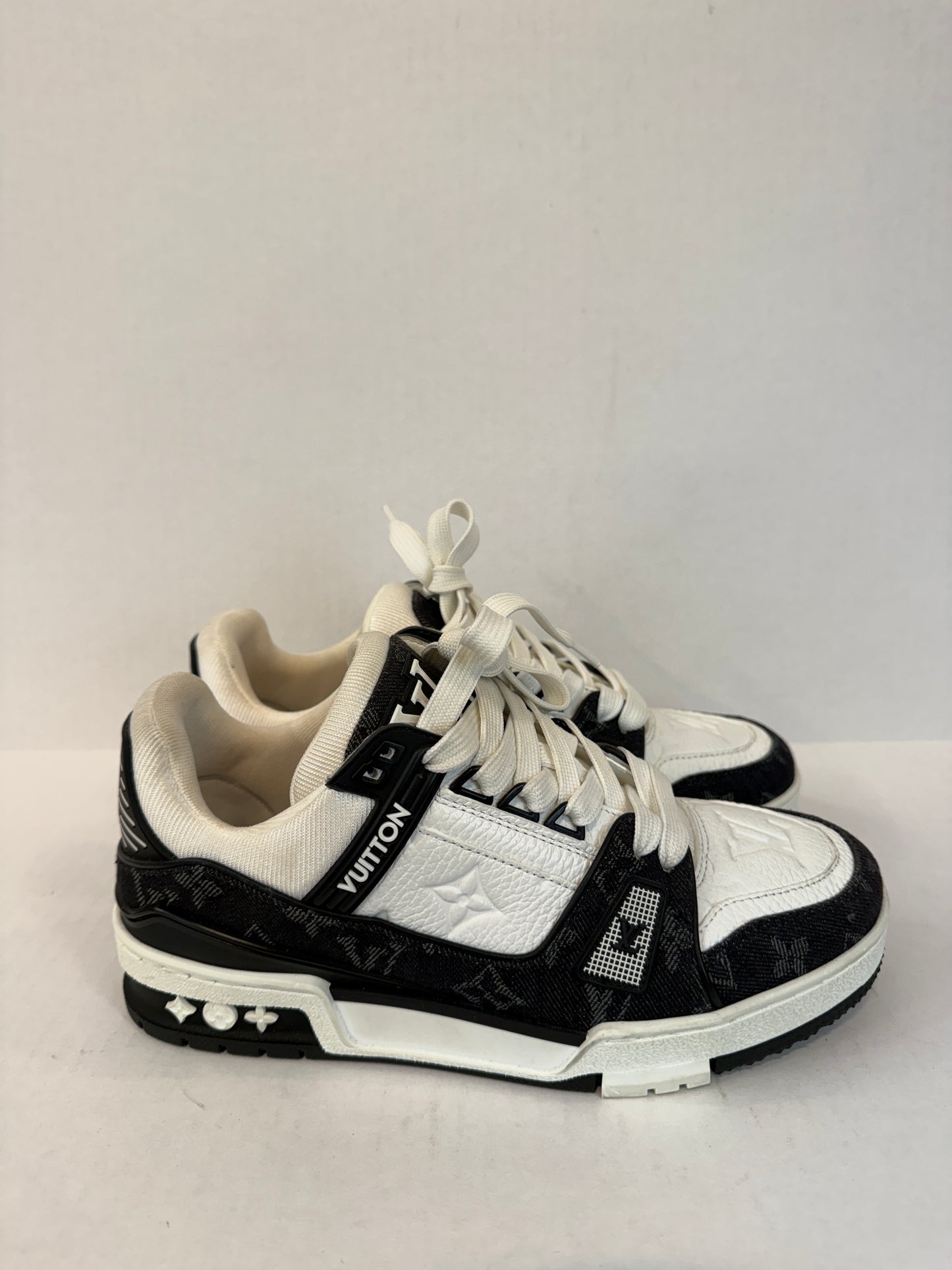 LOUIS VUITTON  LV Trainer Sneakers in White Leather & Black Monogram Denim — Authentic Pre-Owned | Virgil Abloh | US7-EU37.5