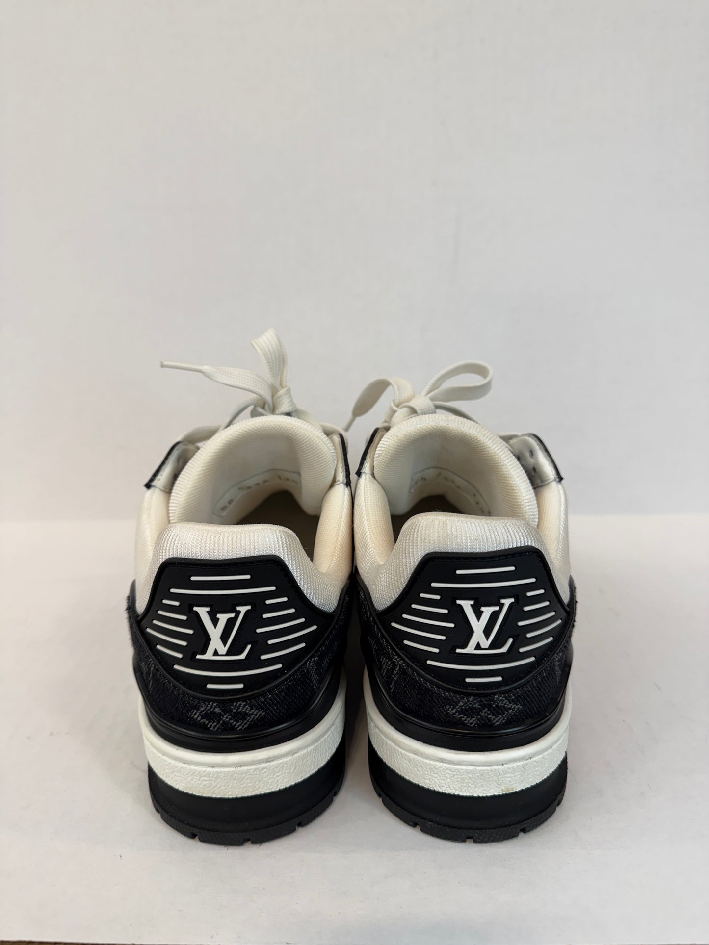 LOUIS VUITTON  LV Trainer Sneakers in White Leather & Black Monogram Denim — Authentic Pre-Owned | Virgil Abloh | US7-EU37.5