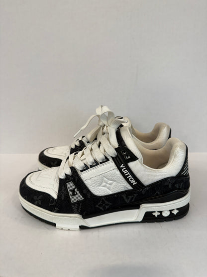 LOUIS VUITTON  LV Trainer Sneakers in White Leather & Black Monogram Denim — Authentic Pre-Owned | Virgil Abloh | US7-EU37.5