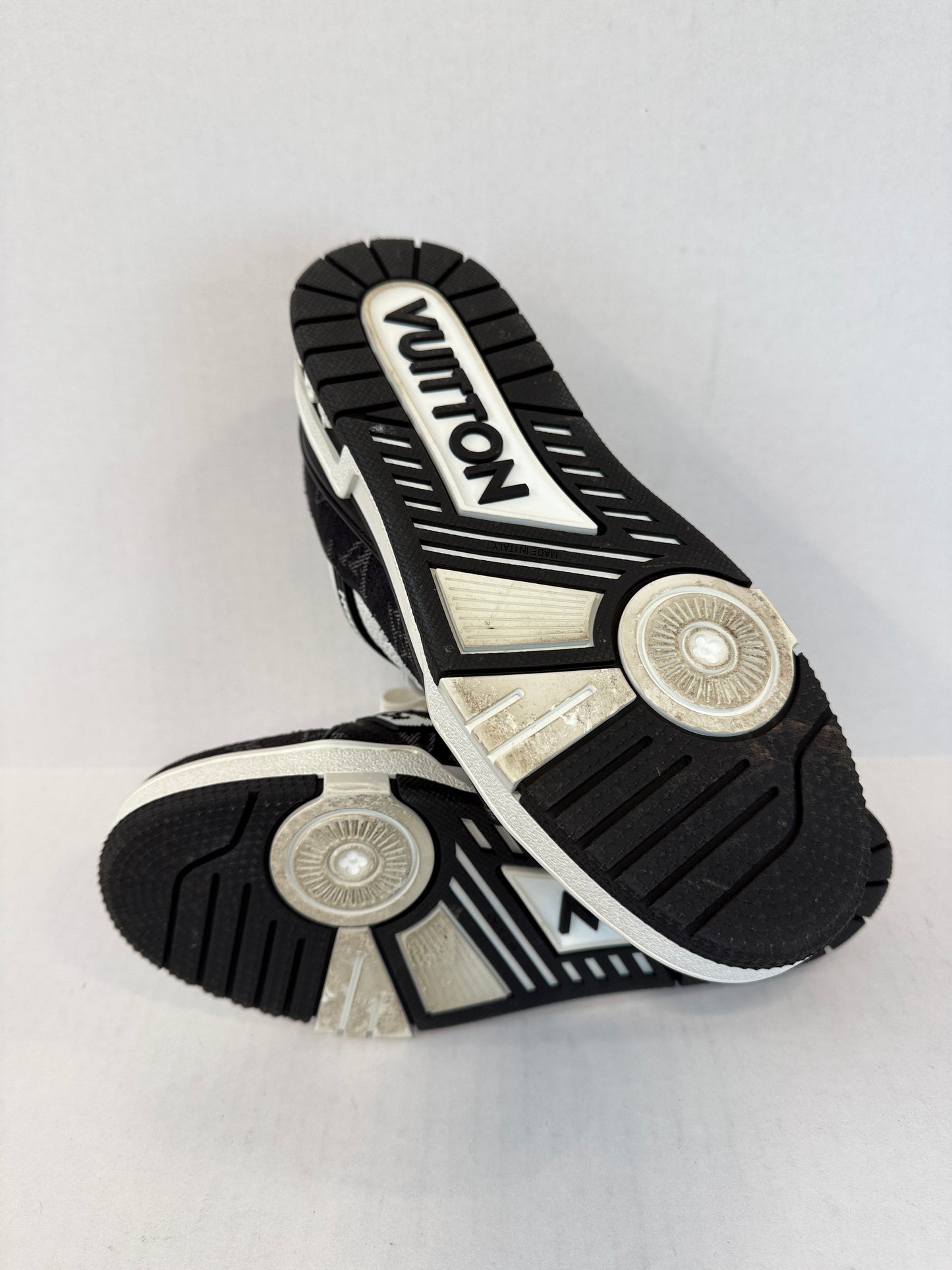 LOUIS VUITTON  LV Trainer Sneakers in White Leather & Black Monogram Denim — Authentic Pre-Owned | Virgil Abloh | US7-EU37.5