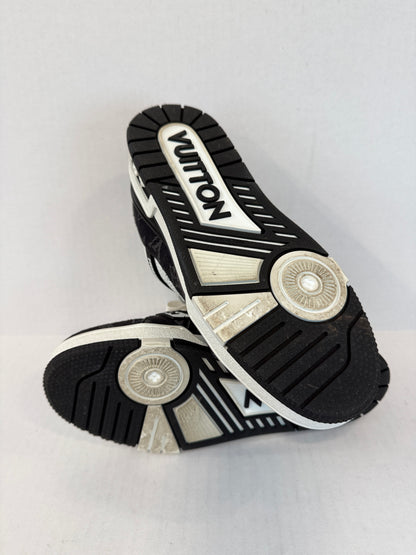LOUIS VUITTON  LV Trainer Sneakers in White Leather & Black Monogram Denim — Authentic Pre-Owned | Virgil Abloh | US7-EU37.5