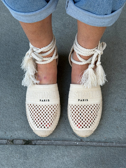 DIOR Granville Espadrille Flats in Mesh Canvas with Ankle Tie — Authentic Pre-Owned | Size EU 40 / US 9