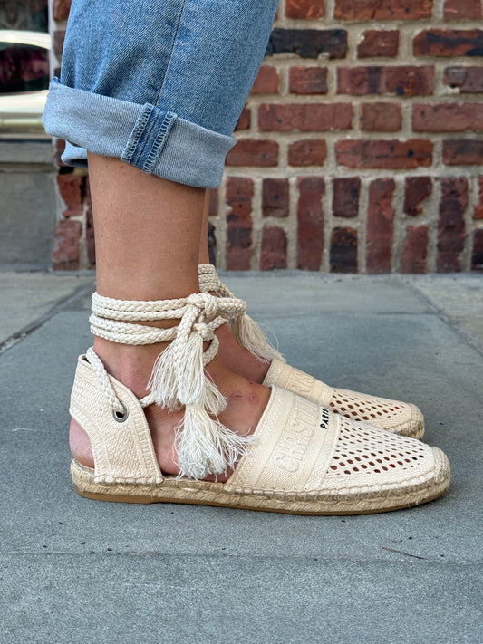 DIOR Granville Espadrille Flats in Mesh Canvas with Ankle Tie — Authentic Pre-Owned | Size EU 40 / US 9