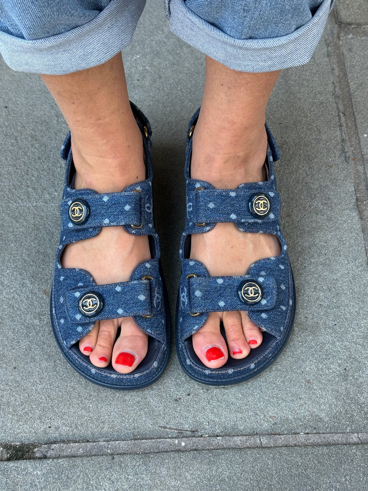 CHANEL 23P Printed Denim CC Dad Sandals / US7.5-EU38.5