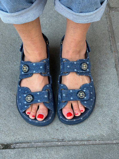 CHANEL 23P Printed Denim CC Dad Sandals / US7.5-EU38.5