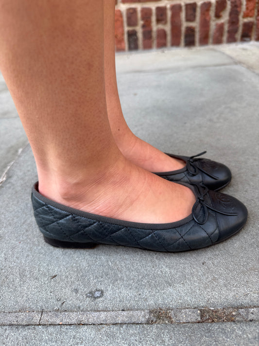 CHANEL Classic Quilted Ballerina Flats in Navy Blue Lambskin with CC Toe Cap — Authentic Pre-Owned | Size EU 36 / US 6