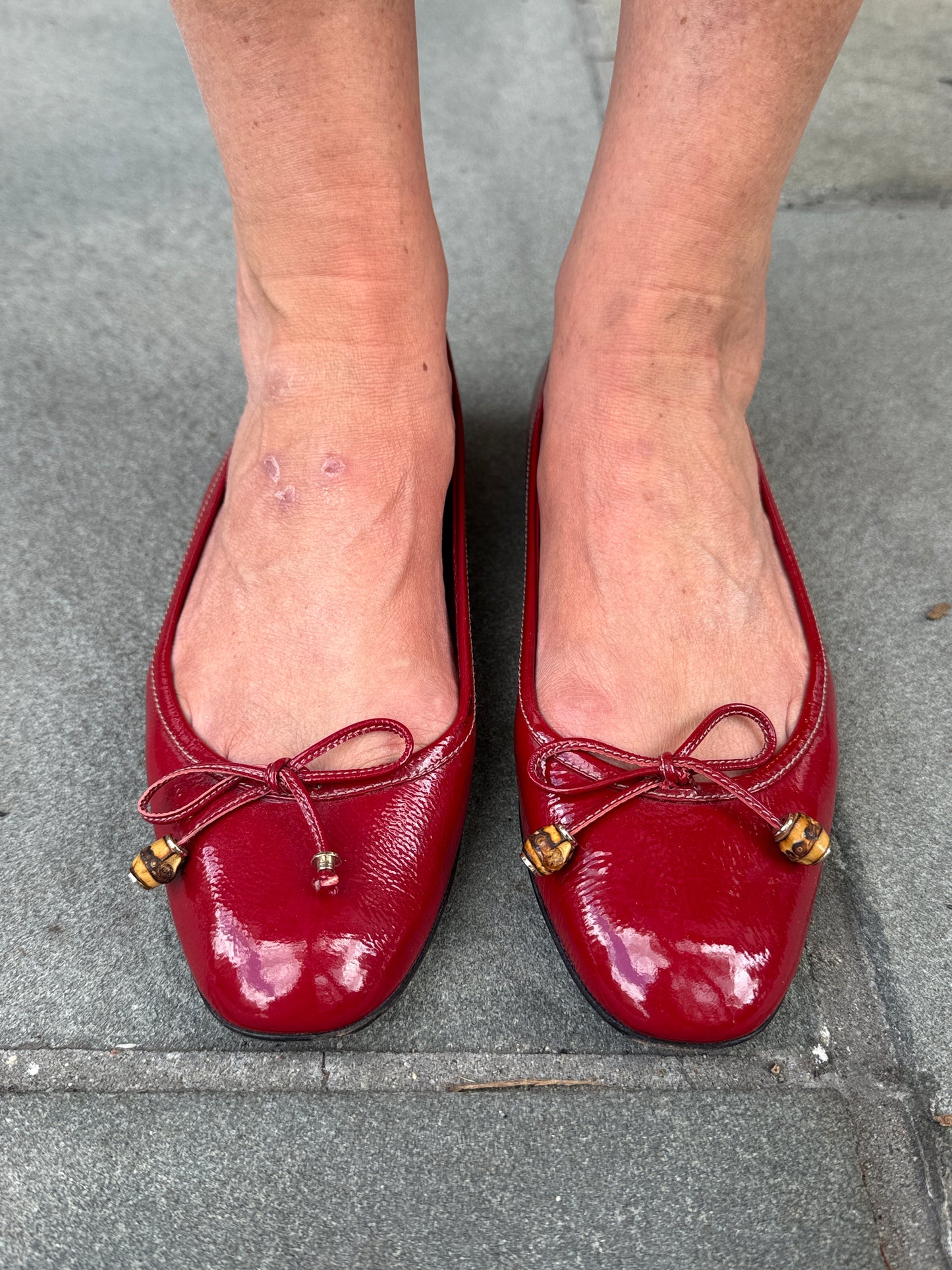 GUCCI Red Patent Leather Bamboo Bow Ballet Flats / US7.5-EU38.5