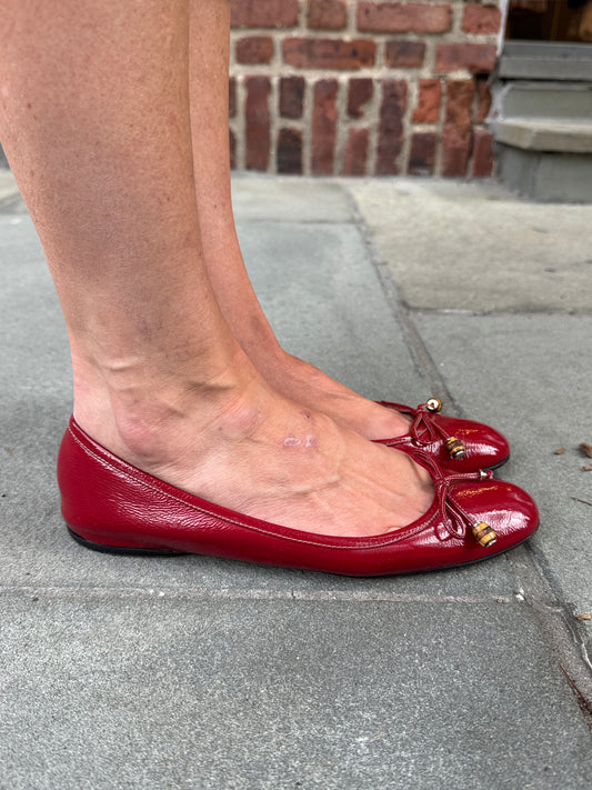 GUCCI Red Patent Leather Bamboo Bow Ballet Flats / US7.5-EU38.5