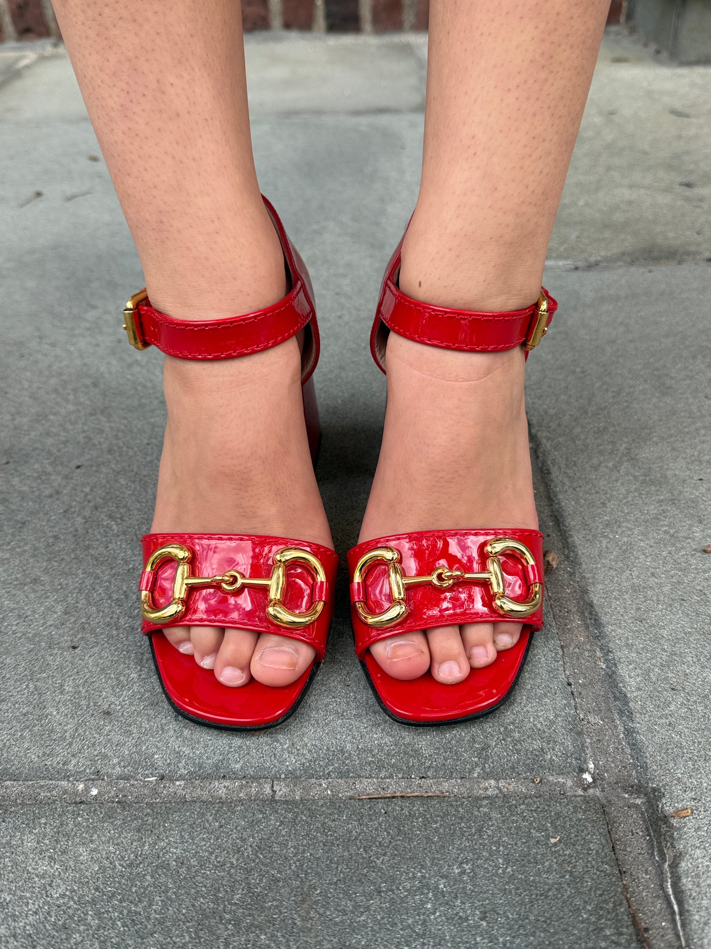 GUCCI Lady Horsebit Block Heel Sandals in Red Patent Leather — Authentic Pre-Owned | Size EU 37 / US 7