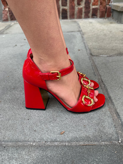 GUCCI Lady Horsebit Block Heel Sandals in Red Patent Leather — Authentic Pre-Owned | Size EU 37 / US 7
