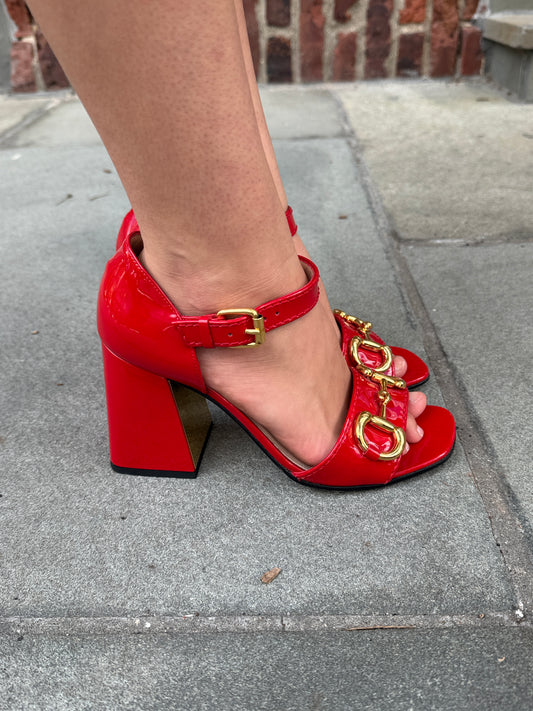GUCCI Lady Horsebit Block Heel Sandals in Red Patent Leather — Authentic Pre-Owned | Size EU 37 / US 7