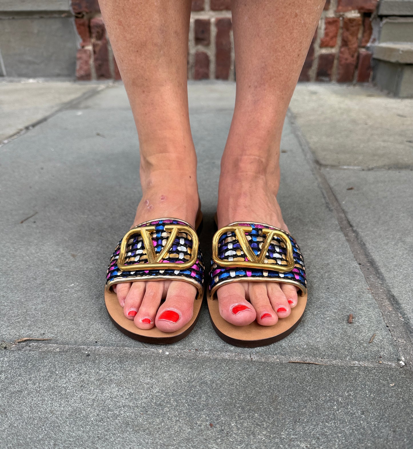 VALENTINO GARAVANI NWT Leather  VLogo Woven  Metallic Slides Sandals/US7.5-EU38