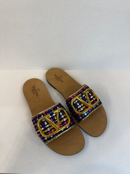 VALENTINO GARAVANI NWT Leather  VLogo Woven  Metallic Slides Sandals/US7.5-EU38