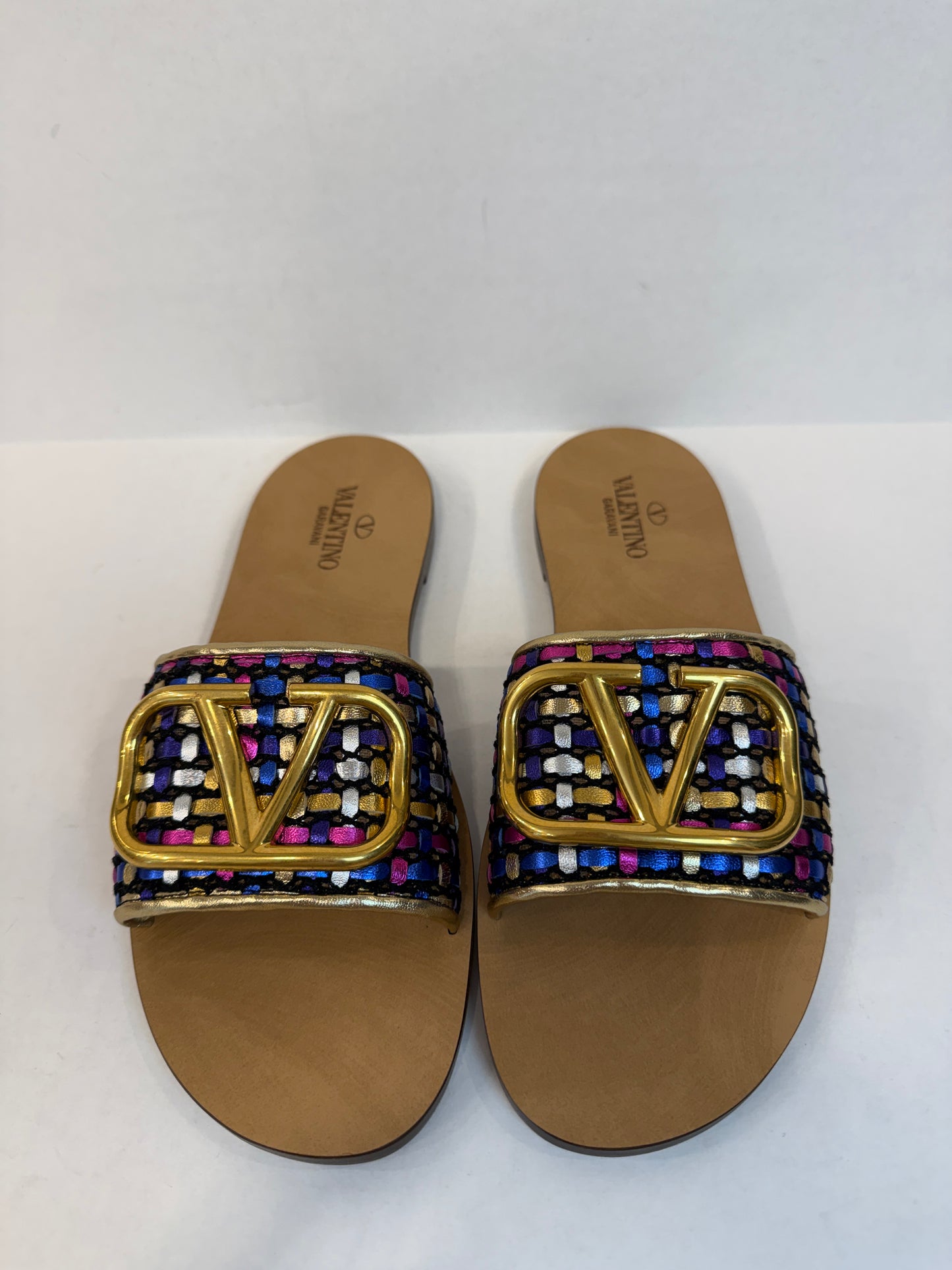 VALENTINO GARAVANI NWT Leather  VLogo Woven  Metallic Slides Sandals/US7.5-EU38