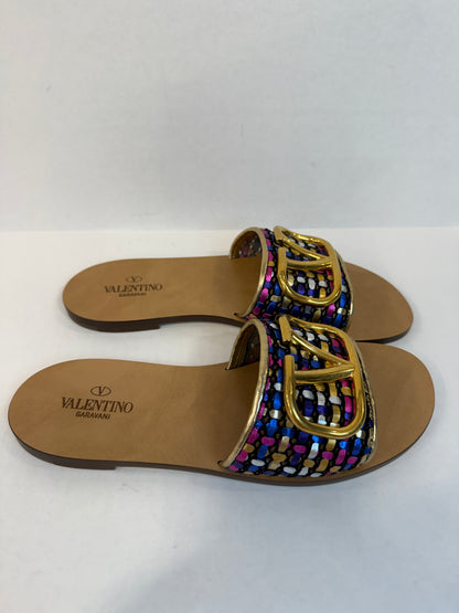 VALENTINO GARAVANI NWT Leather  VLogo Woven  Metallic Slides Sandals/US7.5-EU38