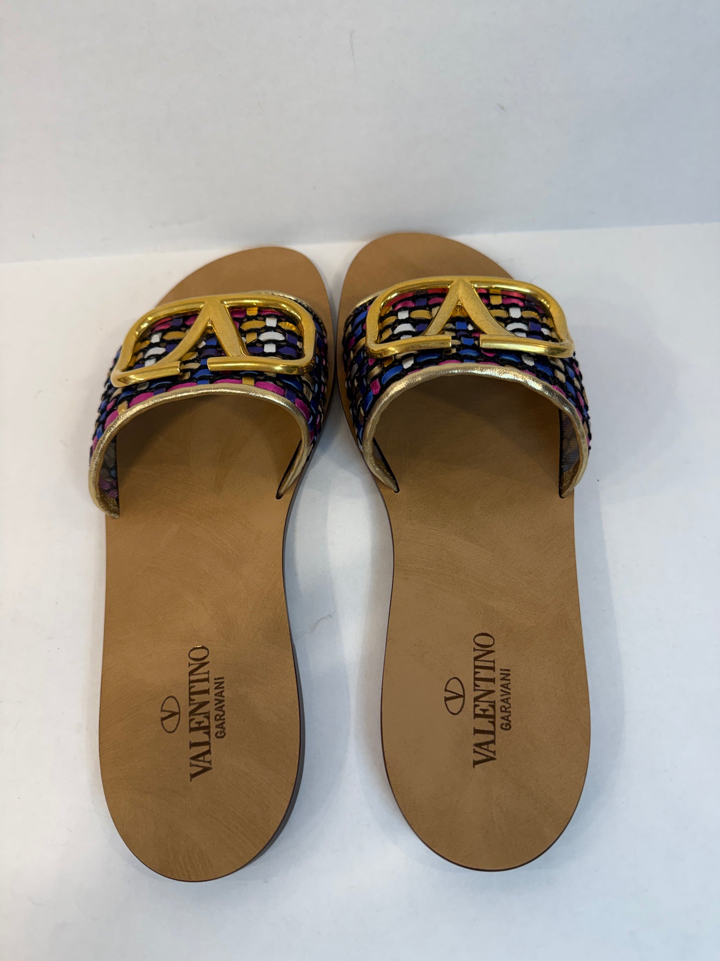 VALENTINO GARAVANI NWT Leather  VLogo Woven  Metallic Slides Sandals/US7.5-EU38