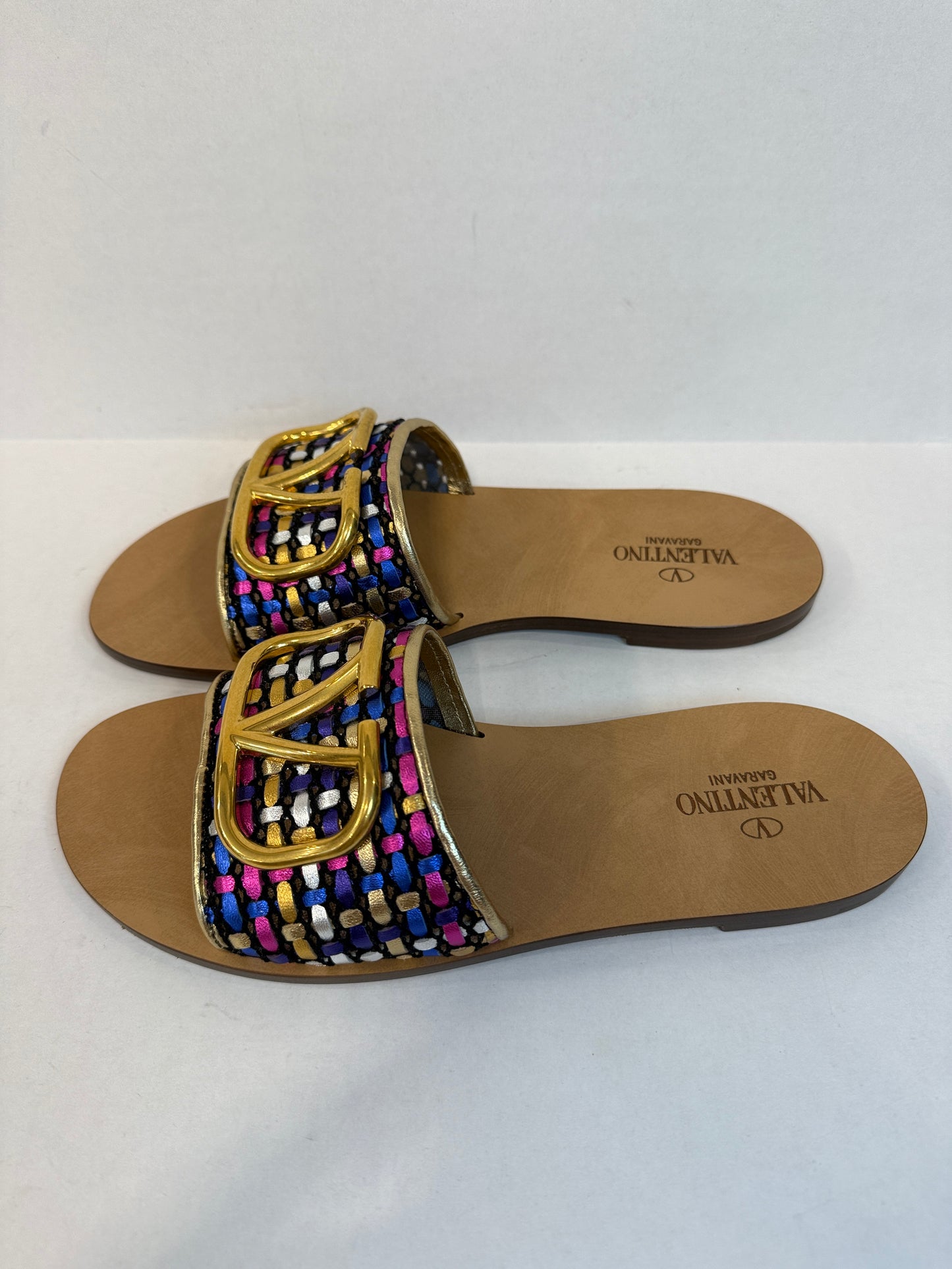 VALENTINO GARAVANI NWT Leather  VLogo Woven  Metallic Slides Sandals/US7.5-EU38