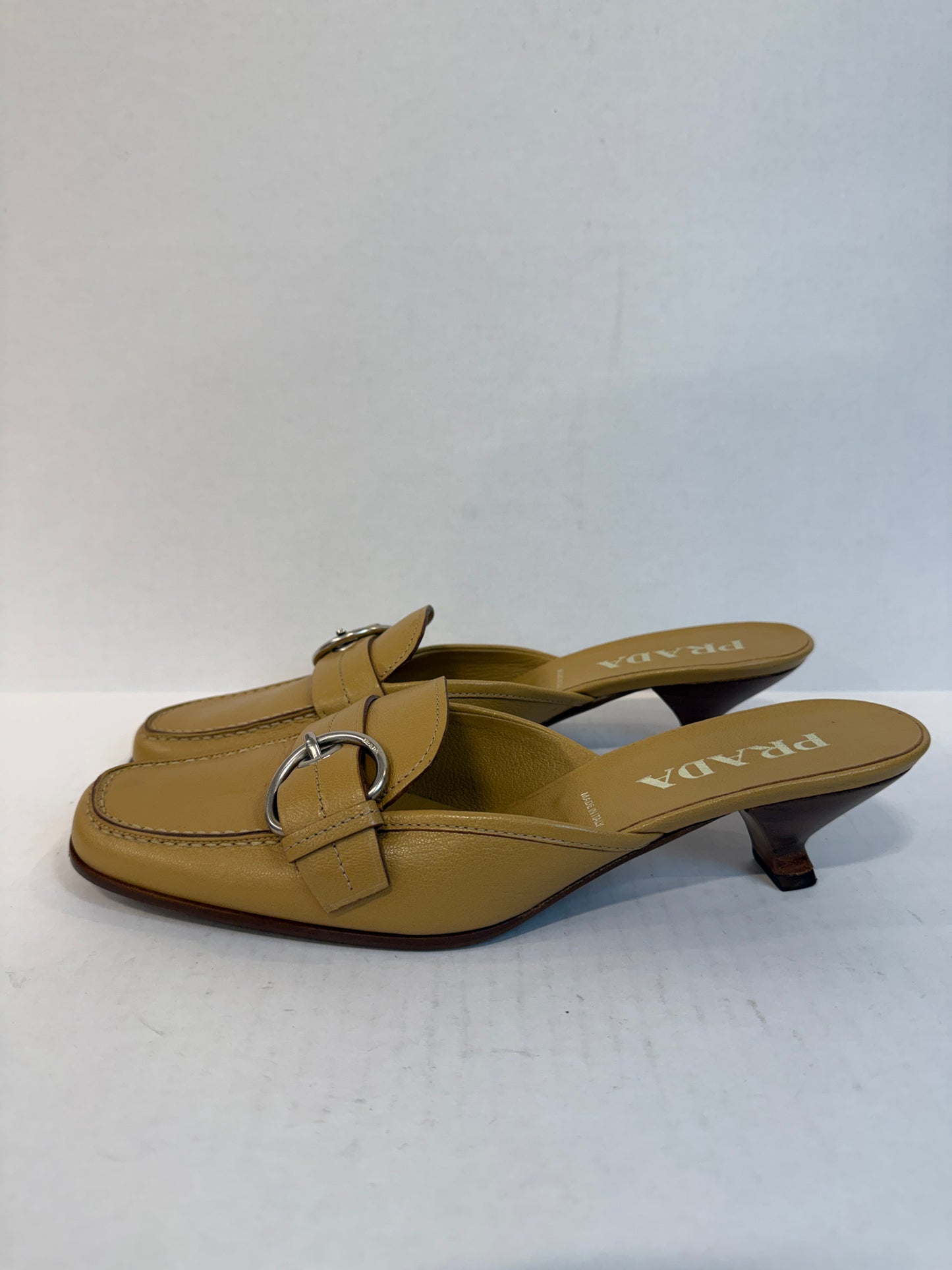 PRADA NWT Beige Madras Pesante Kitten Heels Mules / US9-EU39.5