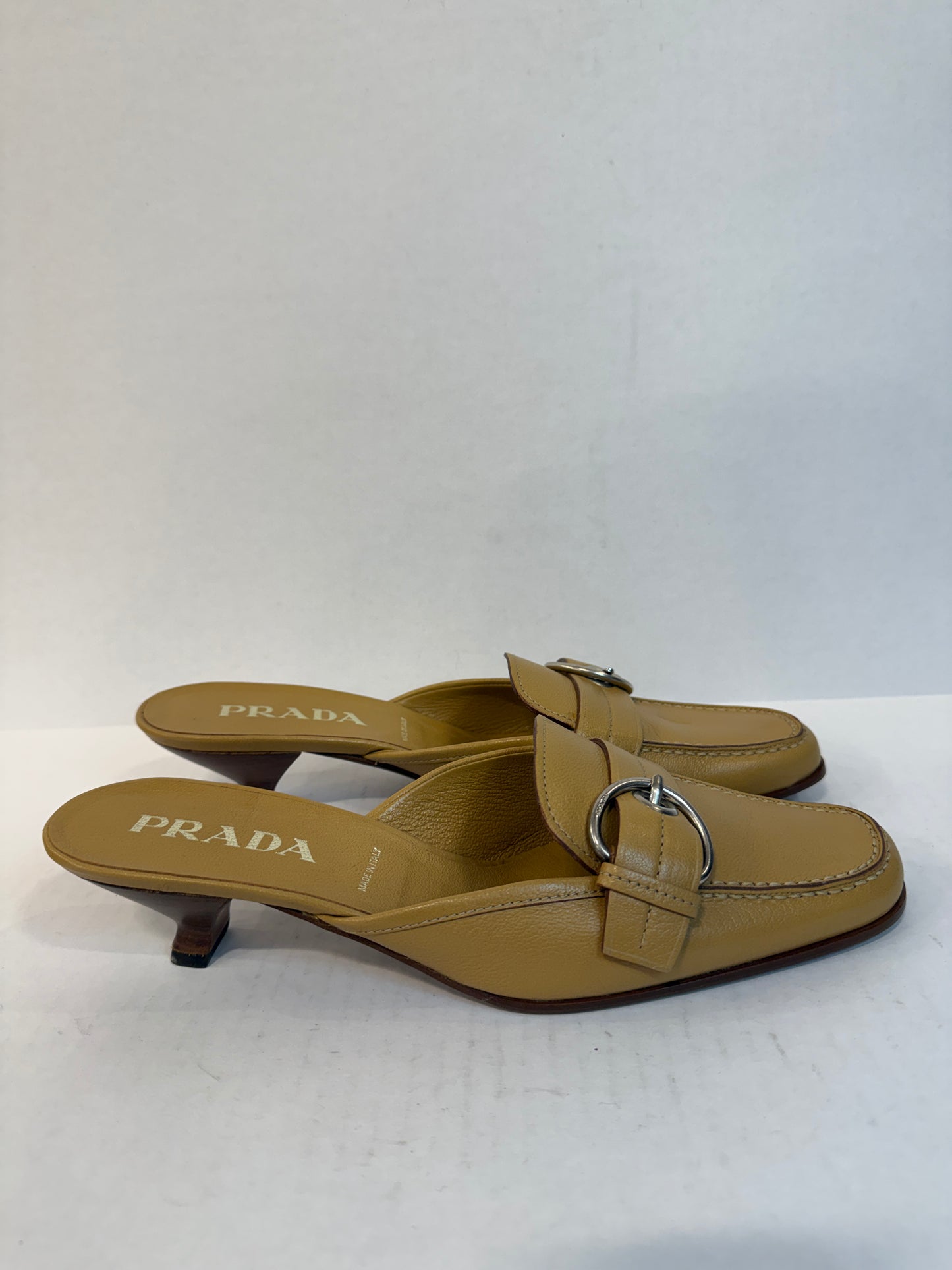 PRADA NWT Beige Madras Pesante Kitten Heels Mules / US9-EU39.5