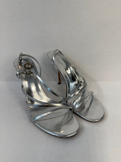 GUCCI Interlocking GG Strappy Stiletto Sandals in Silver Metallic Leather — Authentic Pre-Owned | US8-EU38.5